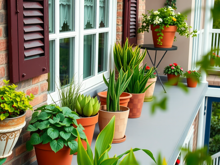 "Beautiful balcony decorated with a variety of potted plants, showcasing entertainment ideas for outdoor living, perfect for small apartments and narrow spaces, featuring rail planters, a study area, and inspiration for creating a cozy outdoor patio."