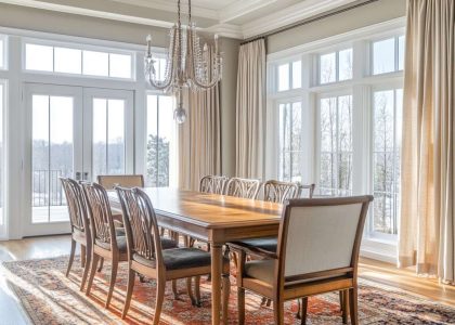 Spacious dining room with a patterned area rug under a wooden table, natural light through sheer curtains, earthy color scheme, tastefully arranged furniture, and elegant lighting fixtures, creating an inviting atmosphere.
