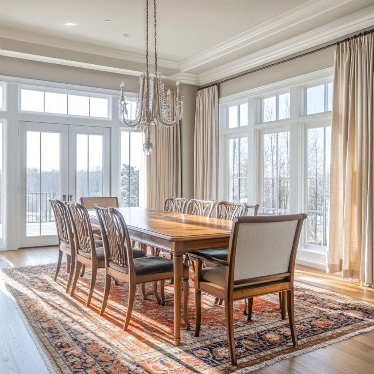 Spacious dining room with a patterned area rug under a wooden table, natural light through sheer curtains, earthy color scheme, tastefully arranged furniture, and elegant lighting fixtures, creating an inviting atmosphere.