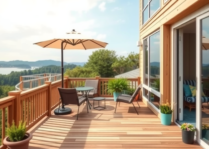 "Cozy balcony seating with an umbrella and chairs on a wooden deck, surrounded by potted plants, perfect for small living spaces and apartment balcony decorating ideas."