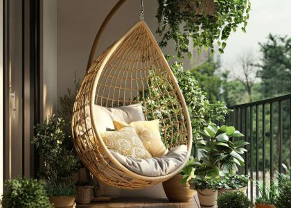 Hanging chair with pillows surrounded by potted plants on a modern luxury balcony, showcasing elegant design and creating a serene balcony oasis.