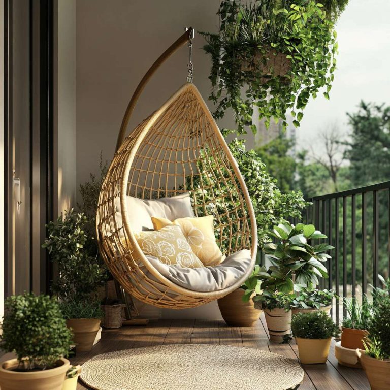 Hanging chair with pillows surrounded by potted plants on a modern luxury balcony, showcasing elegant design and creating a serene balcony oasis.
