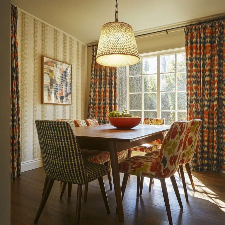 1970s dining room with a sturdy wooden table and mismatched colorful chairs, retro pendant light, patterned curtains, and textured wallpaper creating a cozy atmosphere for family gatherings.