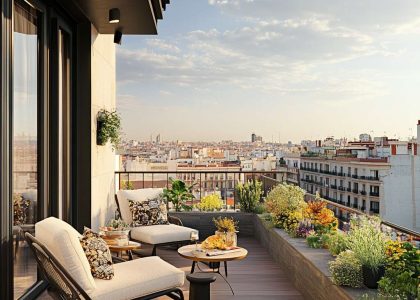 "Charming balcony with stylish chairs, a small table, and vibrant potted plants on a rooftop terrace overlooking an urban landscape, featuring Parisian and Scandinavian design elements, perfect for cozy outdoor living."