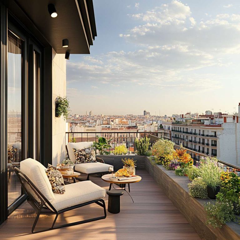 "Charming balcony with stylish chairs, a small table, and vibrant potted plants on a rooftop terrace overlooking an urban landscape, featuring Parisian and Scandinavian design elements, perfect for cozy outdoor living."