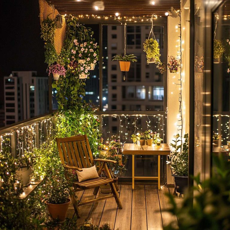Modern balcony design featuring potted plants, cozy seating, and decorative lights, showcasing balcony garden ideas and stylish apartment decor for small spaces.