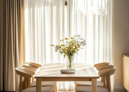 Cozy dining room bathed in natural light with pastel light-filtering drapes, minimalist wooden furniture, and warm lighting, featuring a sleek curtain rod framing a serene view.
