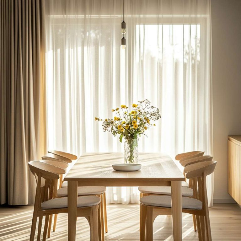Cozy dining room bathed in natural light with pastel light-filtering drapes, minimalist wooden furniture, and warm lighting, featuring a sleek curtain rod framing a serene view.