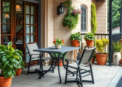 Outdoor patio with a stylish table and chairs, surrounded by vibrant potted plants, featuring elegant decor for a rooftop deck, perfect for relaxing on a balcony with cozy lights and Scandinavian-inspired design elements, ideal for balcony styling and decoration ideas.