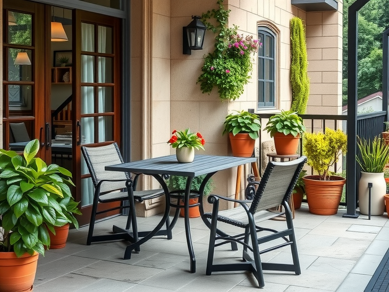 Outdoor patio with a stylish table and chairs, surrounded by vibrant potted plants, featuring elegant decor for a rooftop deck, perfect for relaxing on a balcony with cozy lights and Scandinavian-inspired design elements, ideal for balcony styling and decoration ideas.