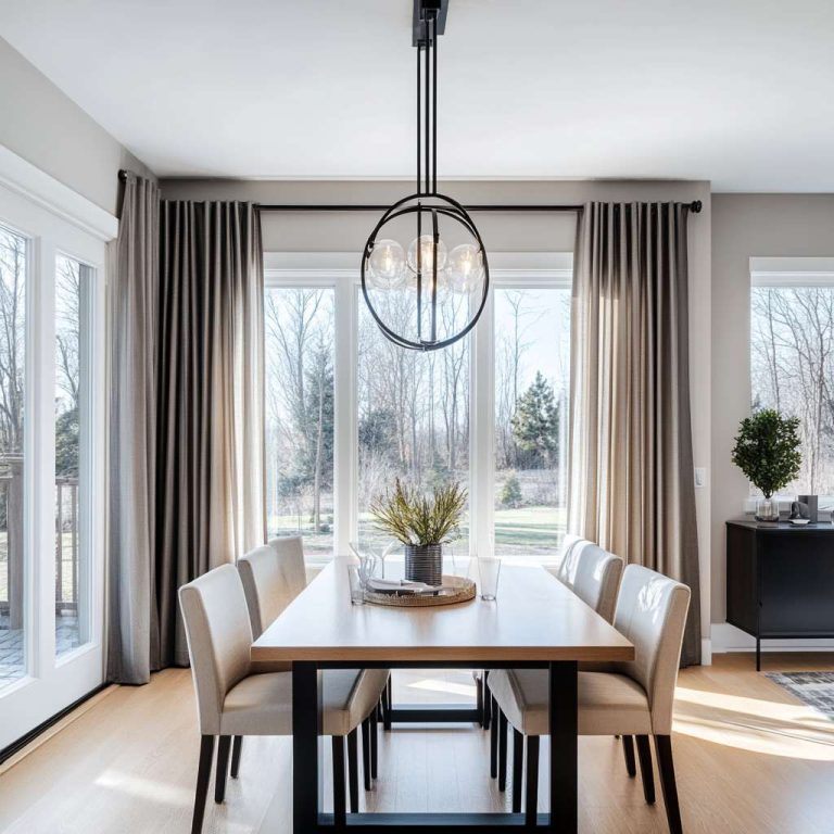 "Before and after of a dining room transformation, showcasing a dated space with heavy drapes and dark wood furniture contrasted with a redesigned area featuring minimalist decor, light wood furniture, and large windows for natural light, highlighting a harmonious balance of comfort and modern aesthetics."