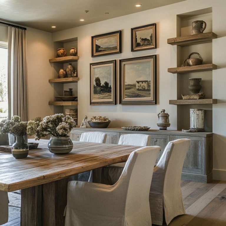 Stylish dining room with framed artworks, mirrors on warm neutral walls, floating shelves displaying decorative objects, and soft subtle lighting creating a cozy glow, showcasing an inviting and sophisticated farmhouse charm.