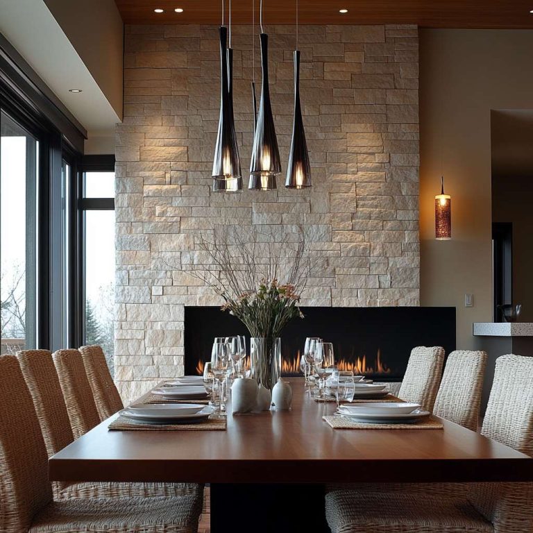 Elegant dining room with a stylish wooden table, textured stone walls, cozy built-in fireplace, ambient lighting, tasteful wall decor, woven chair cushions, and simple floral arrangements for a harmonious blend of comfort and sophistication.