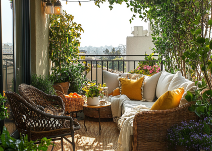 Outdoor balcony with wicker furniture and lush potted plants, featuring inspiring designs for a jungle balcony, corner balcony, and tiny patio ideas, ideal for entertaining and patio barbecues.