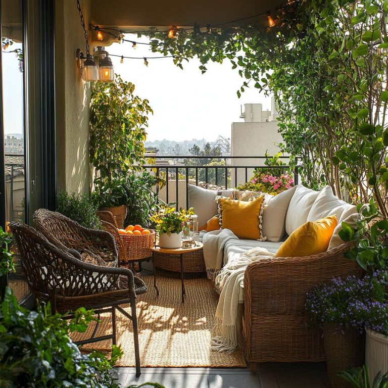 Outdoor balcony with wicker furniture and lush potted plants, featuring inspiring designs for a jungle balcony, corner balcony, and tiny patio ideas, ideal for entertaining and patio barbecues.