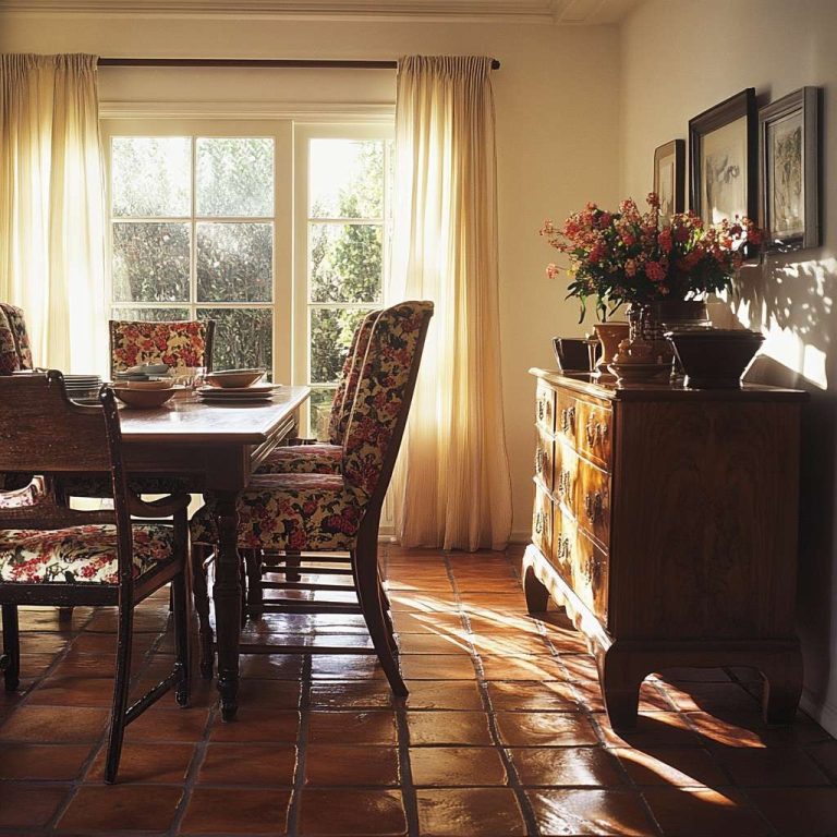 70s dining room with a walnut table, vibrant patterned chairs, soft light from a bay window, terracotta floor tiles, and a vintage sideboard displaying mismatched dishware.