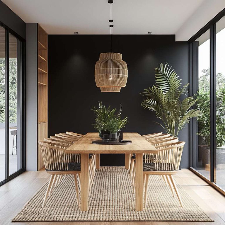 Modern dining room with a black accent wall, light wood dining table, minimalist chairs, woven placemats, and fresh greenery in vases, illuminated by natural light from large windows, creating a cozy and elegant atmosphere.