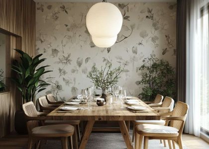 Elegant dining room featuring botanical wallpaper accent wall, rustic wooden dining table, cozy pendant lighting, natural light from windows, warm neutral tones, greenery accents, and minimalist table settings for inviting atmosphere.