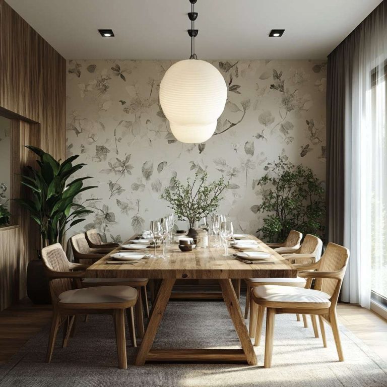 Elegant dining room featuring botanical wallpaper accent wall, rustic wooden dining table, cozy pendant lighting, natural light from windows, warm neutral tones, greenery accents, and minimalist table settings for inviting atmosphere.
