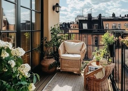 Outdoor patio with wicker furniture, rattan armchair, and potted plants, showcasing stylish balcony ideas and urban balcony decor.