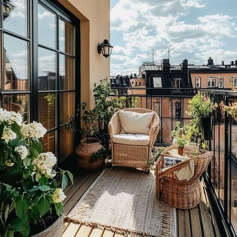 Outdoor patio with wicker furniture, rattan armchair, and potted plants, showcasing stylish balcony ideas and urban balcony decor.