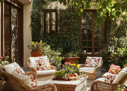 "Outdoor patio featuring wicker furniture, rattan armchair, and potted plants, showcasing beautiful balcony ideas and urban balcony decor."