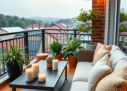 Comfortable cottage balcony featuring potted plants, candles on a table beside cozy couches, showcasing boho design elements and simple patio ideas for an inviting outdoor space.