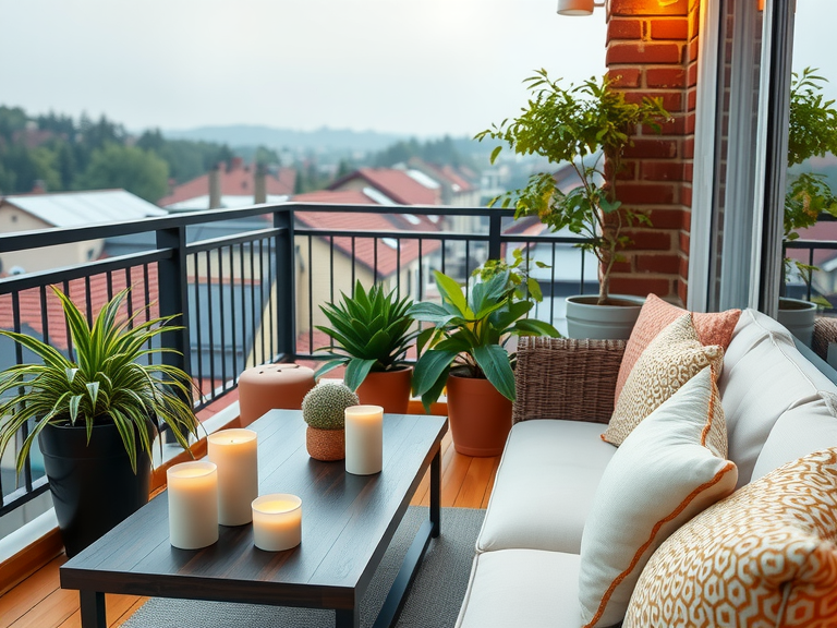 Comfortable cottage balcony featuring potted plants, candles on a table beside cozy couches, showcasing boho design elements and simple patio ideas for an inviting outdoor space.
