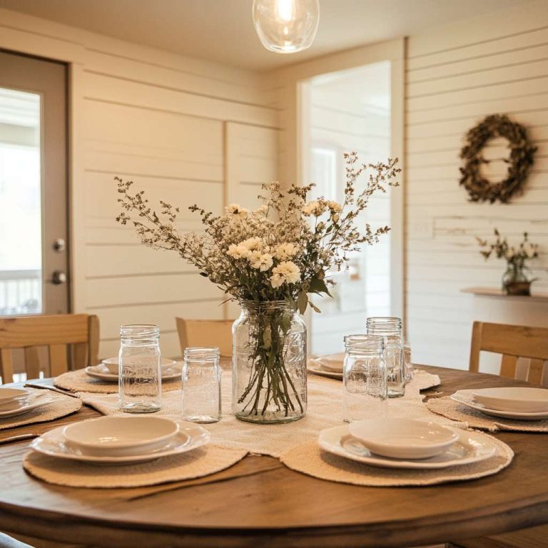 "Cozy farmhouse dining room with a round wooden table set with vintage ceramic plates, a rustic burlap table runner, and mason jars filled with wildflowers, surrounded by shiplap walls and warm overhead lighting, creating a welcoming atmosphere for family gatherings."