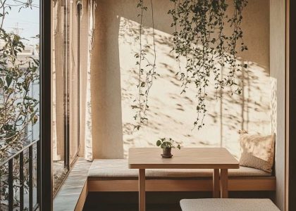 Room with a cozy bench, stylish table, and decorative plant on the wall beside a small balcony, showcasing modern balcony design ideas and elements for a small balcony garden.