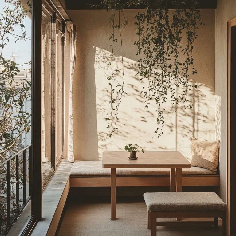 Room with a cozy bench, stylish table, and decorative plant on the wall beside a small balcony, showcasing modern balcony design ideas and elements for a small balcony garden.