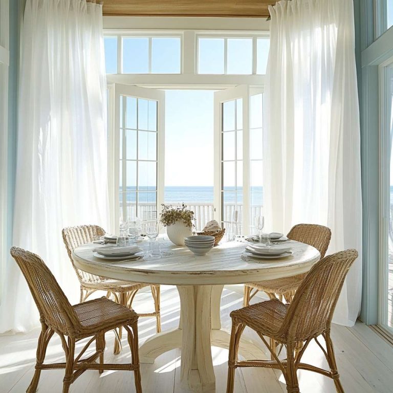 Bright coastal dining room with a round whitewashed wooden table, rattan chairs, and sheer linen curtains, featuring nautical decor of driftwood and seashells, set against views of the shimmering ocean and a light blue and beige color palette.