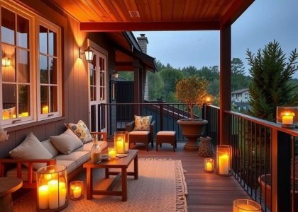 "Cozy balcony featuring an array of colorful pillows and elegant candles, showcasing small balcony seating ideas and modern decor for tiny outdoor spaces in a Florida apartment."