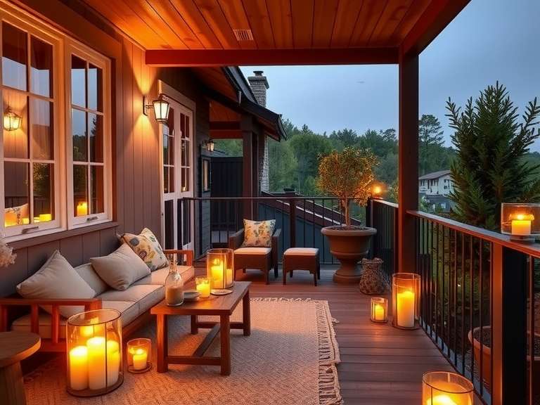 "Cozy balcony featuring an array of colorful pillows and elegant candles, showcasing small balcony seating ideas and modern decor for tiny outdoor spaces in a Florida apartment."