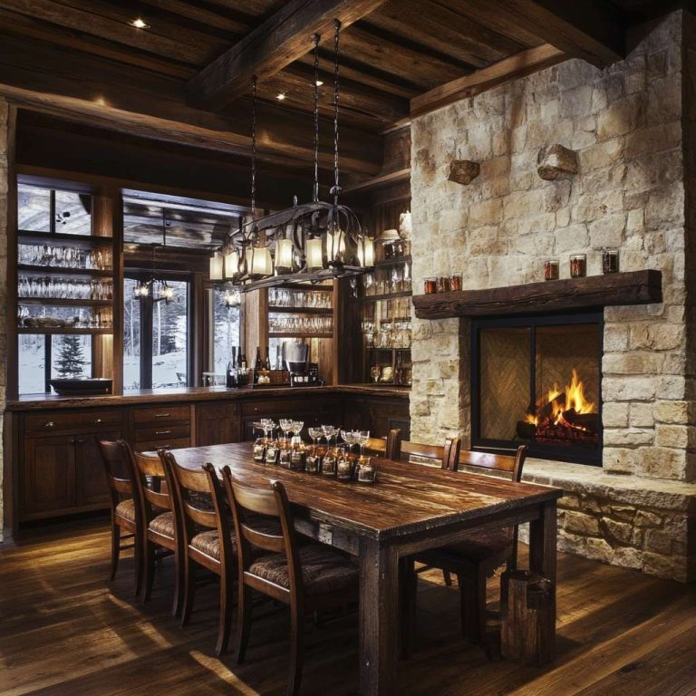 Rustic dining room with reclaimed wood table and matching chairs in warm earthy tones, featuring a built-in wooden bar with glassware, a stone fireplace, iron chandeliers, and textured walls, creating an inviting space for gatherings.