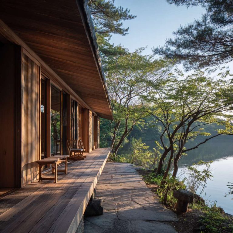 Serene Japanese lakehouse with sliding wooden screens, soft sunlight filtering through, natural wood exterior blending with muted earth tones and granite, tranquil setting by calm waters, shadows elongating in the evening light.