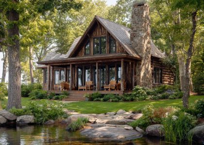 Rustic lakehouse cottage with rough-hewn timber logs, prominent stone chimney, and large covered porch overlooking a sunlit lake with lush greenery surrounding the serene setting.
