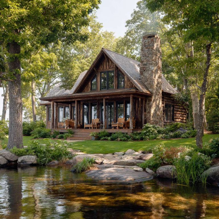 Rustic lakehouse cottage with rough-hewn timber logs, prominent stone chimney, and large covered porch overlooking a sunlit lake with lush greenery surrounding the serene setting.