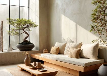 Modern Japandi living room with sunlight filtering through large windows, featuring a light wood sofa with natural linen cushions, a tatami-style rug, a bonsai tree, and handcrafted ceramics on a polished concrete floor with warm off-white walls.