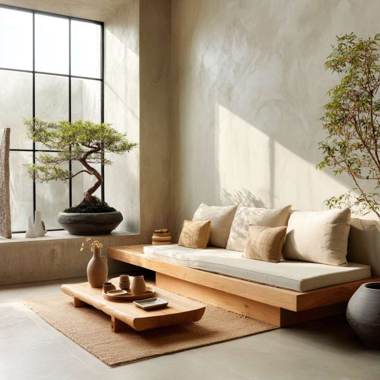 Modern Japandi living room with sunlight filtering through large windows, featuring a light wood sofa with natural linen cushions, a tatami-style rug, a bonsai tree, and handcrafted ceramics on a polished concrete floor with warm off-white walls.
