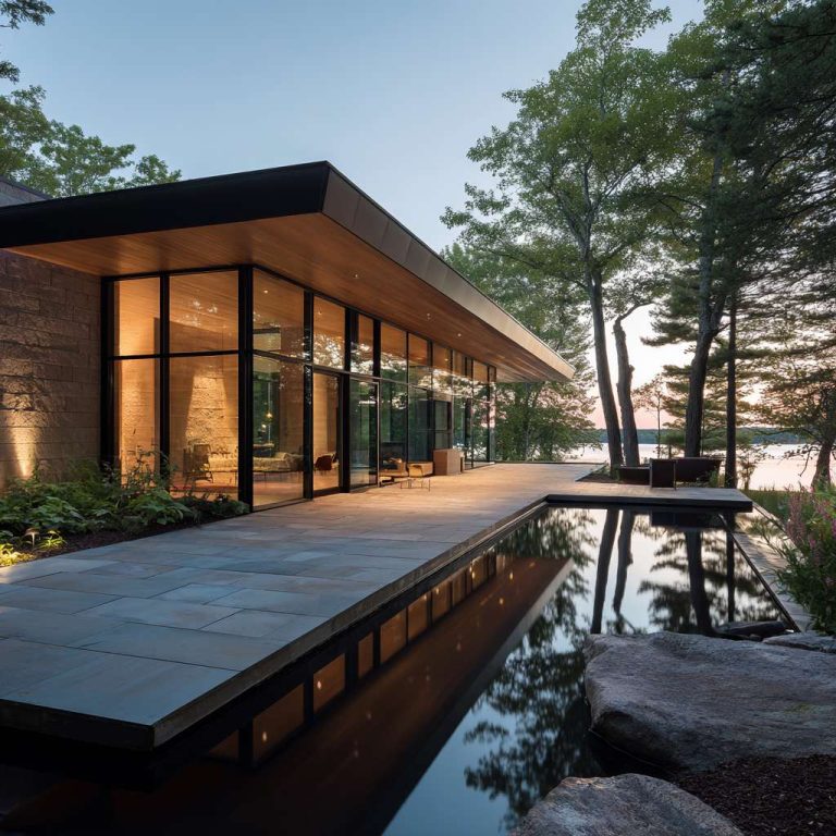 Sleek contemporary lakehouse with expansive glass walls reflecting the tranquil lake and clear sky, featuring sharp angles, a flat roof, and inviting outdoor living spaces, creating a serene ambiance harmonized with the lakeside setting.