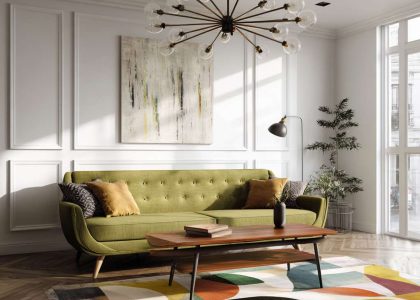 "Sunlit modern mid-century living room featuring a tufted olive green sofa, minimalist teak wood coffee table, iconic Sputnik chandelier, and vibrant abstract geometric area rug."
