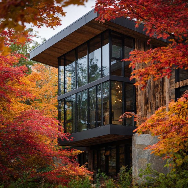 Alpine modern lakehouse facade surrounded by autumn foliage featuring dark timber and glass, large panoramic windows, and a blend of contemporary design with nature.