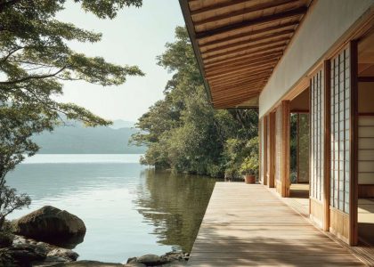 "Minimalist Japanese lakehouse facade with expansive shoji screens, natural wood cladding, and low-profile roof, blending with serene lakeside setting and inviting tranquility."