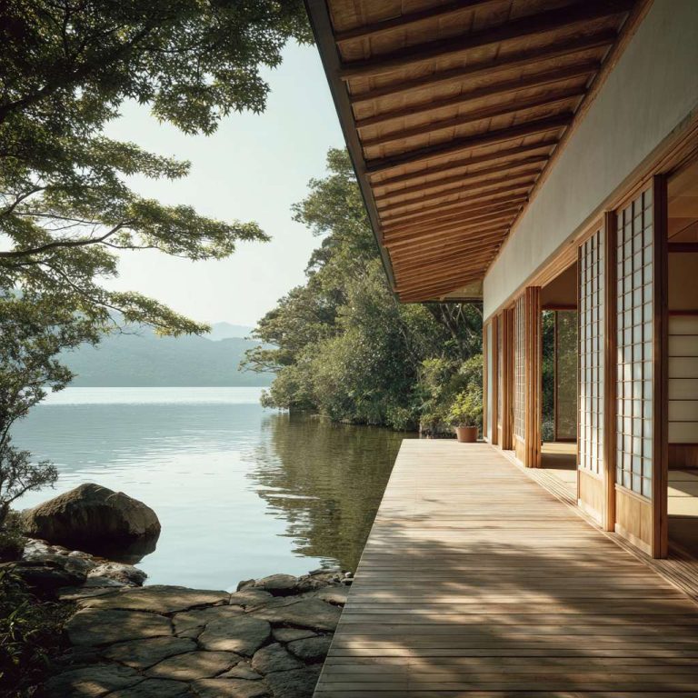 "Minimalist Japanese lakehouse facade with expansive shoji screens, natural wood cladding, and low-profile roof, blending with serene lakeside setting and inviting tranquility."