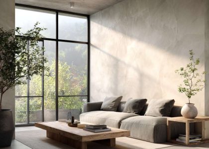 Modern minimalist living room with frameless windows, smooth plaster walls, low-profile grey sofa, natural wood coffee table on polished concrete floor, potted plant, and art books for a refined yet inviting atmosphere.