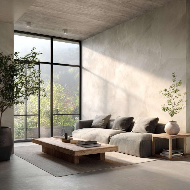 Modern minimalist living room with frameless windows, smooth plaster walls, low-profile grey sofa, natural wood coffee table on polished concrete floor, potted plant, and art books for a refined yet inviting atmosphere.