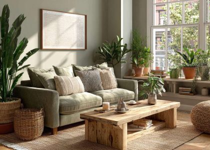 Serene modern earthy living room with sage green sofa, jute rug, raw wood coffee table, and terracotta pots filled with leafy plants, creating an inviting ambiance.