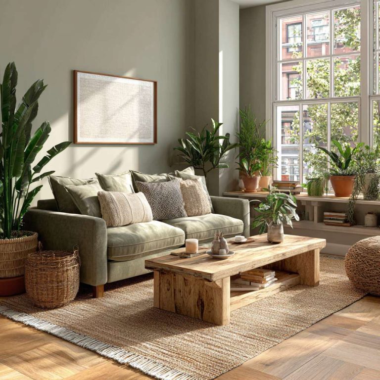Serene modern earthy living room with sage green sofa, jute rug, raw wood coffee table, and terracotta pots filled with leafy plants, creating an inviting ambiance.