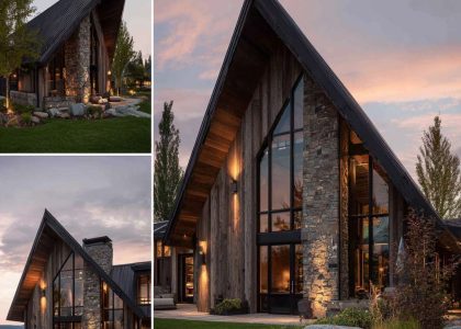 Luxurious alpine modern lakehouse facade featuring a steeply pitched roof with dark natural wood siding, large panoramic windows reflecting the tranquil lake at dusk, integrated stone elements, and soft exterior lighting creating an inviting atmosphere.